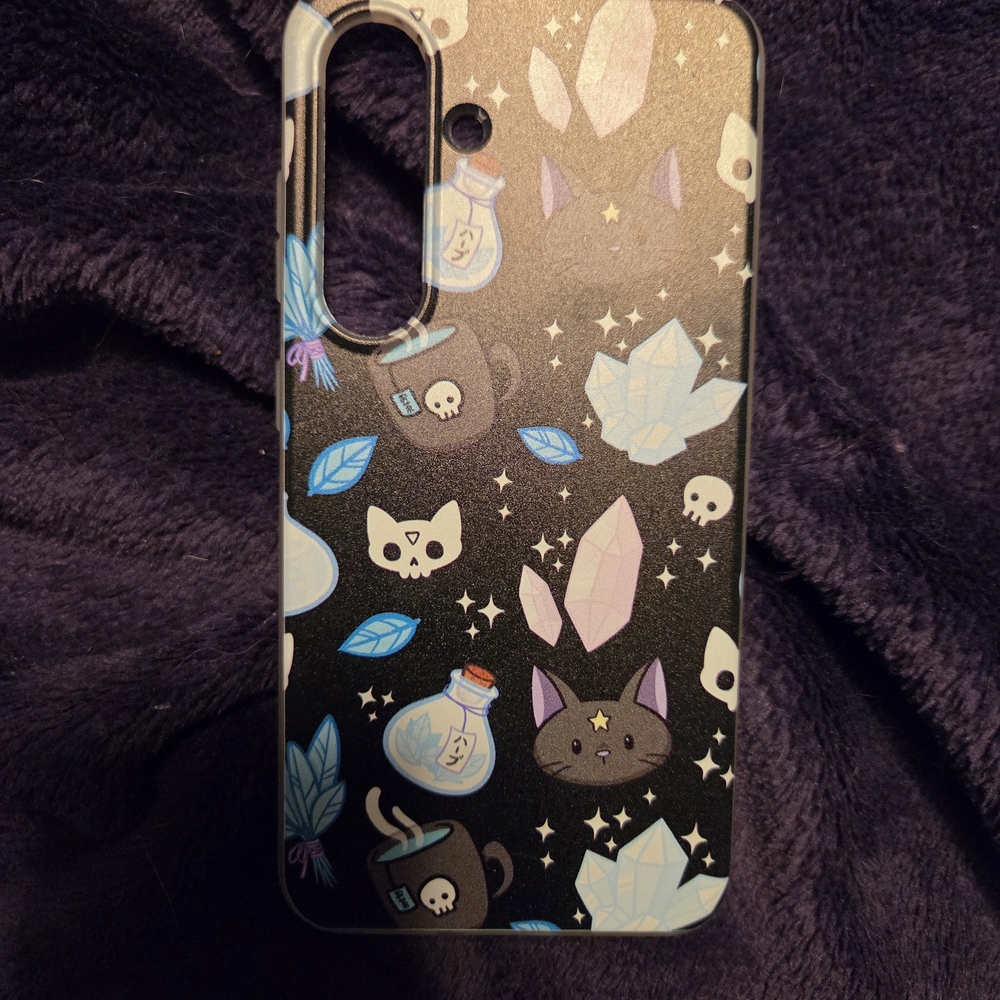 Witchy Black Samsung S25 Phone Case with Blue and Purple Designs